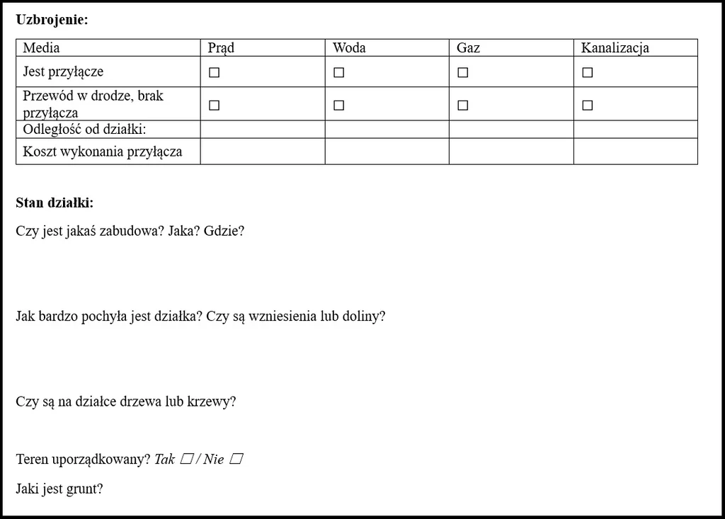 Druga część checklisty do oględzin działki - informacje o uzbrojeniu działki i jej stanie