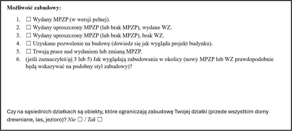 Trzecia część checklisty do oględzin działki - możliwości zabudowy - wydany MPZP, WZ, pozwolenie na budowę, jakie zabudowania są w okolicy