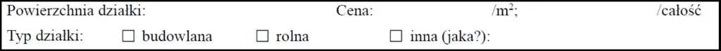 Fragment checklisty do oględzin działki - informacje o powierzchni, cenie, typie działki